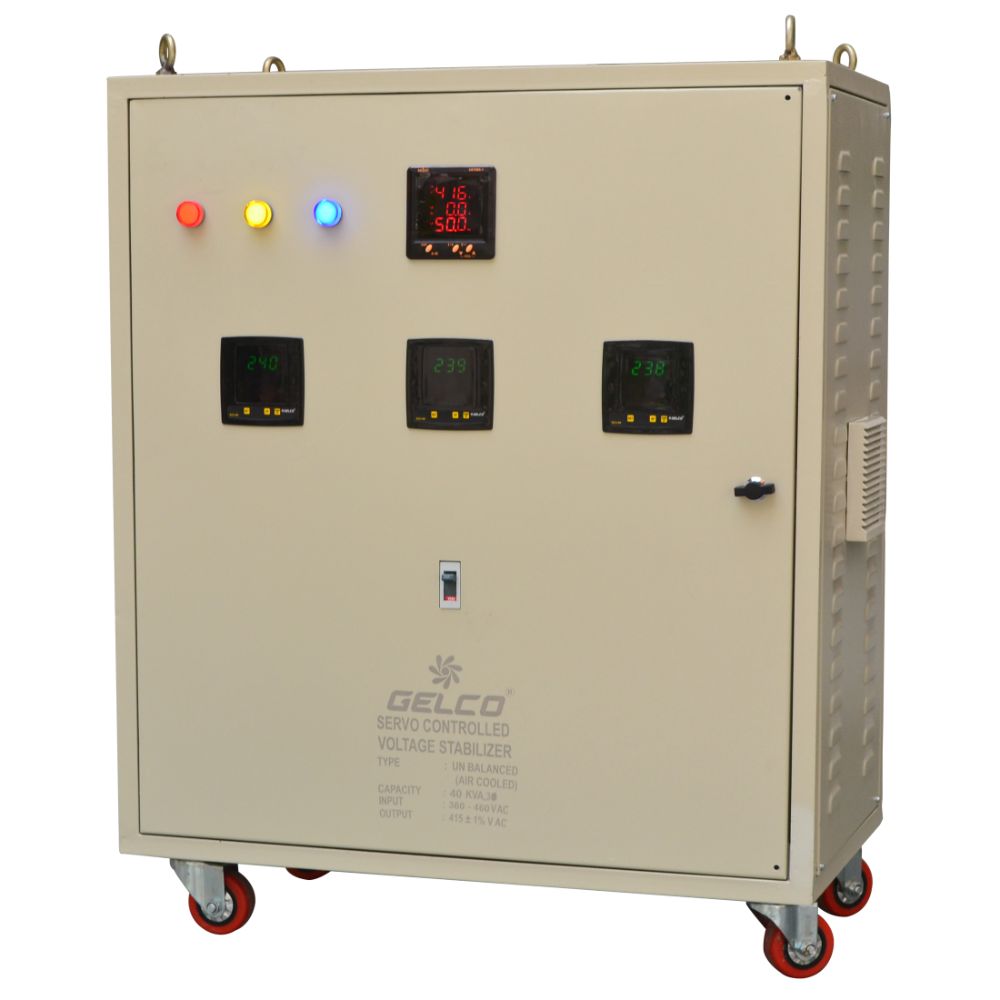 Servo Stabilizer 25 KVA to 45 KVA, Suitable For Water pumps, Bungalows, Hospitals, Small Scale Industries, Corporate Offices, Air Cooled & Bypass MCB - Gelco Electronics Pvt. Ltd.